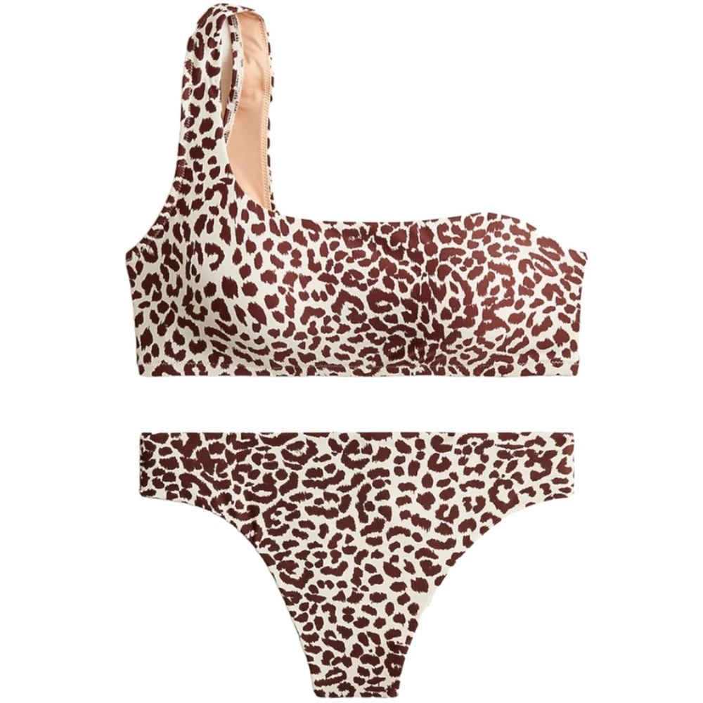 Never worn! JCrew one shoulder brown leopard bikini. Size M